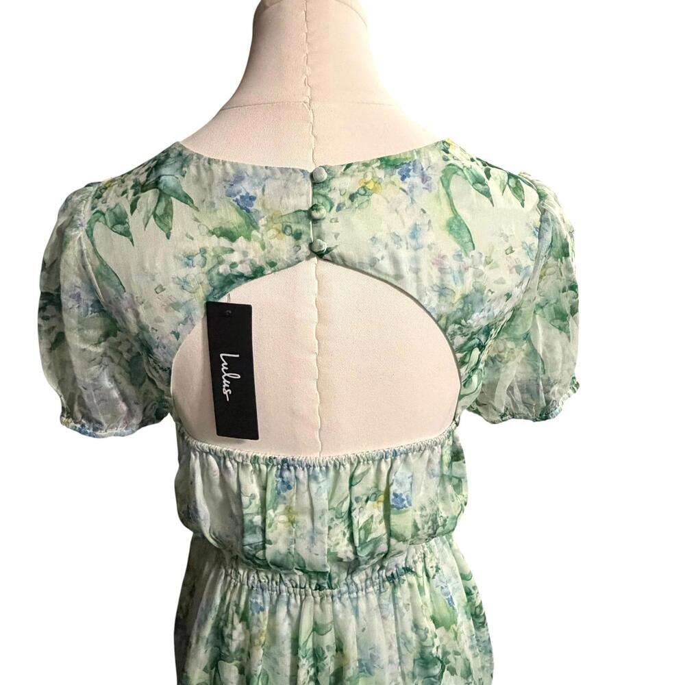 NWT Lulus Grateful Feelings Sage Green Floral Puff Sleeve Dress Small Spring - Picture 6 of 16